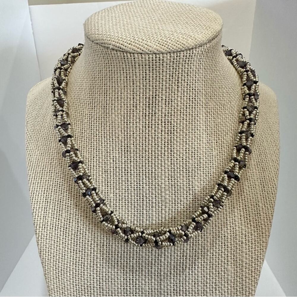 NEW Handmade Crystal and‎ seed bead necklace Silver accent’s. 15” 2” extension